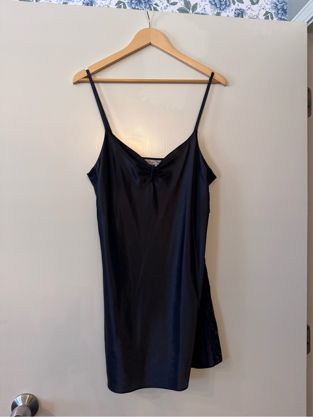 Morgan Taylor Black Satin Slip Dress with Lace Side Panel